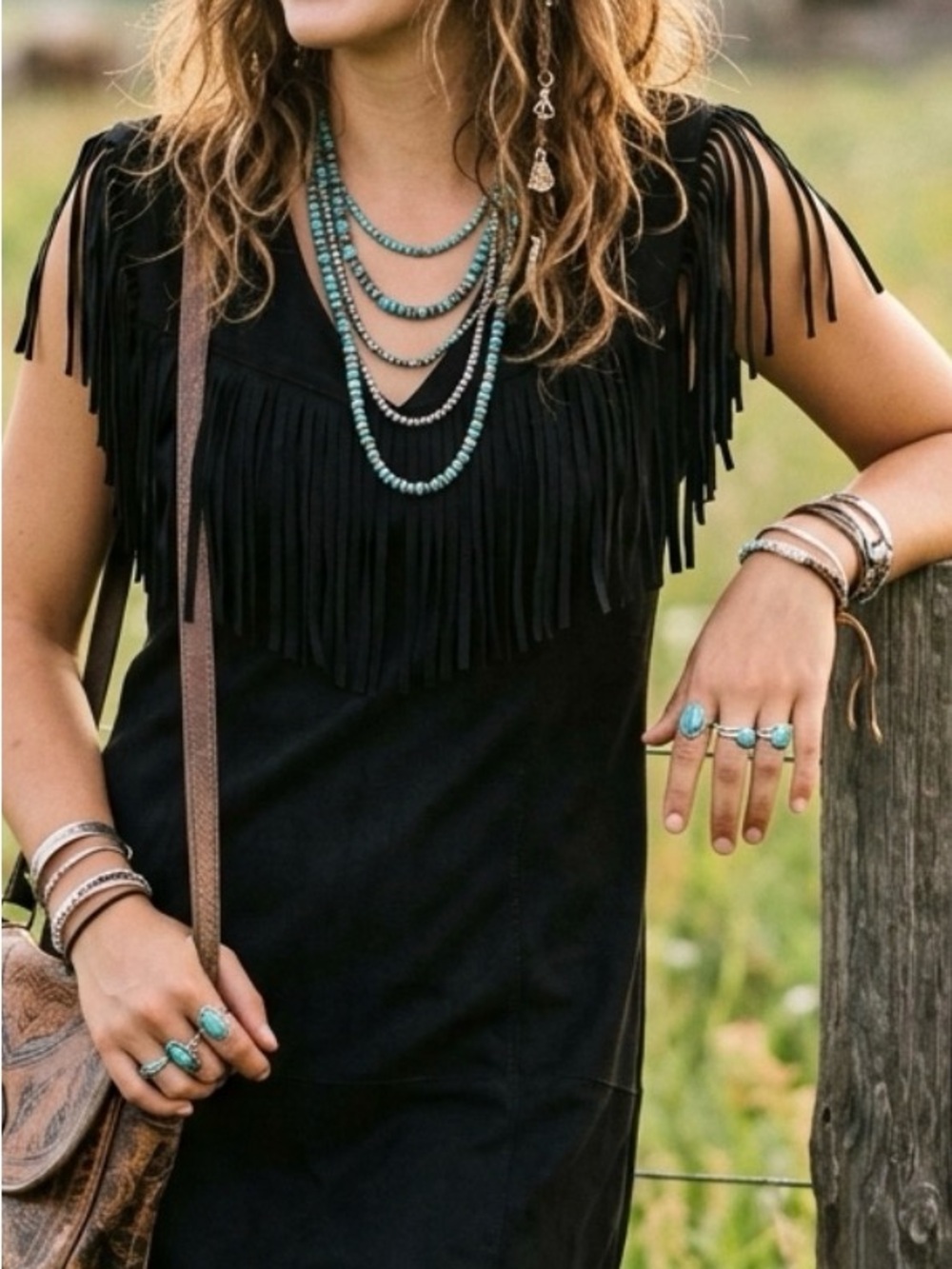 Relish Noless-Woman’s Black Fringe Coastal Western Sleeveless Midi Dress/Vest Lg